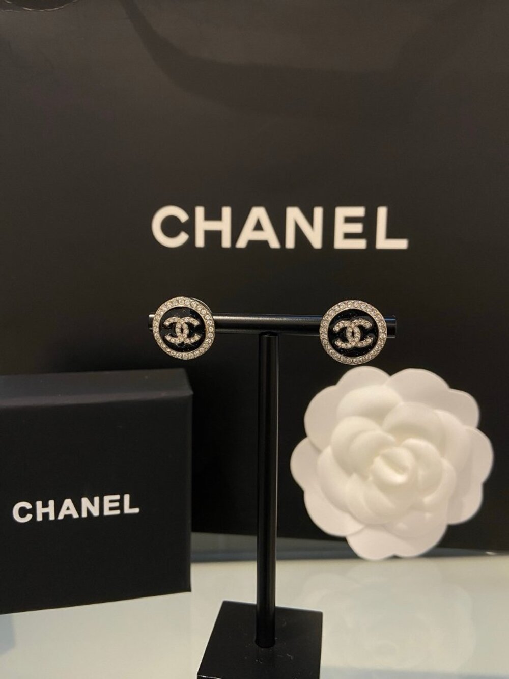 Chanel Silver-Tone Black Enamel Crystal CC Stud Earrings